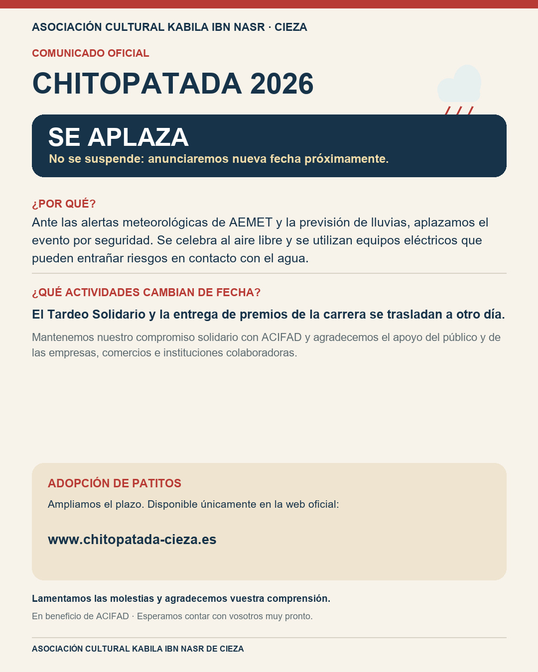 Comunicado gráfico: Chitopatada 2026 se aplaza, no se suspende